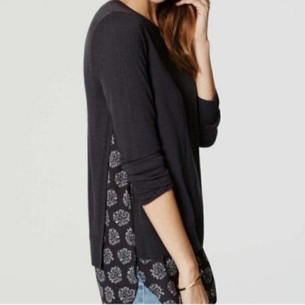 Loft Women's Size XS Paisley Two-In-One Sweater Dark Gray Paisley Crewneck Wool
